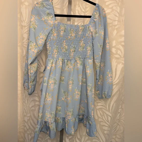 Lily Rose Light Blue Floral Padded Bra Long Sleeve Ruffle Dress - Picture 2 of 7